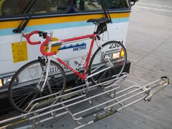 Bikerack for three bicycles on Highway 17 Express Bus.jpg