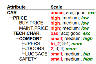 Hierarchy and scales of attributes for Car evaluation problem