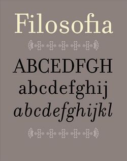 Simple specimen of Filosofia showing the word "Filosofia," some roman capitals and lowercase letters, and italic lowercase letters set in Filosofia.