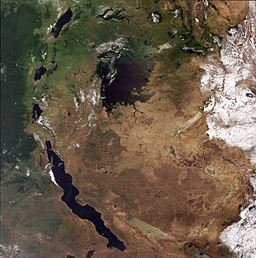 Satellite view of East Africa with the line of rift lakes on left.