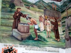 photo of painting depicting monks baptizing Mexicans one at a time