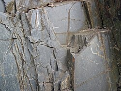 Slate (Knife Lake Formation, metamorphism at 2.7 Ga, Neoarchean; Rt. 135 roadcut, Gilbert, Minnesota, USA) 3 (23140002749).jpg