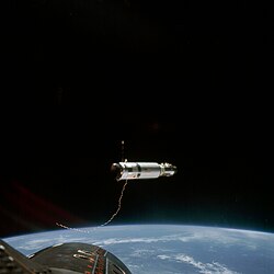 The Agena Target Docking Vehicle at a distance of approximately 80 feet from the Gemini-11 spacecraft.jpg