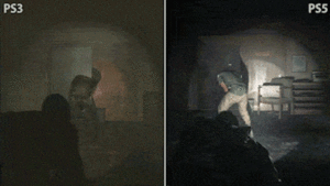 An animated GIF in which player character Joel sneaks up on an Infected and suffocates it to death. The GIF is a comparison between two versions of the game; the right has more visible lighting effects and updated character models.