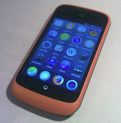 ZTE Open mobile phone with home screen of Firefox OS v1.0.0B02.png