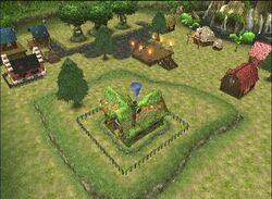 A video game screen showing a landscape with grass, trees and houses. A hill in the foreground has a large conifer tree and a green construction.