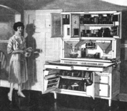 Old drawing of woman and her kitchen cabinet