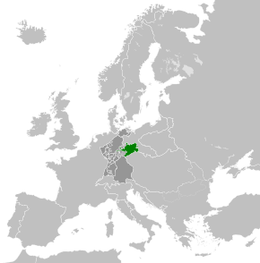 The Kingdom of Saxony in 1812 (green), within the Confederation of the Rhine (dark grey)