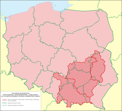 Location of Lesser Poland (shown in darker pink) in Poland