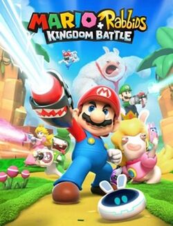 Stylized 3D render of characters in a colorful landscape. Mario is in the center, and fires an arm cannon.