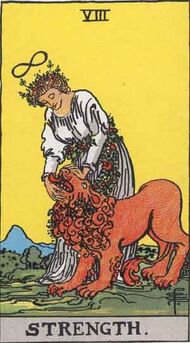 Strength tarot card, depicting a woman crowned by an infinity symbol, holding shut a lion's mouth