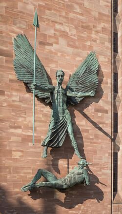 St Michael's victory over the Devil by Sir Jacob Epstein, Coventry Cathedral.jpg