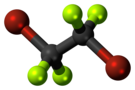 Ball-and-stick model of the dibromotetrafluoroethane molecule
