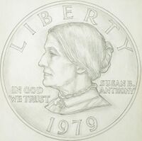 A drawing of one side of a coin, depicting the profile of a woman