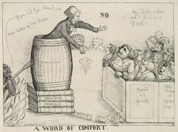 Caricature of a man preaching out of a barrel labelled "Fanaticism", stacked up on books labelled "Priestley's works" to a crowd, while the devil sneaks up on him.