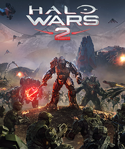 Armored bear-like aliens carrying weapons march towards the foreground. The center alien is wielding a large, glowing mace-like weapon. In the foreground human military soldier carrying rifles are facing the aliens. The decorative text "Halo Wars 2" floats above the scene.