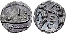 Ancient Phoenician Shekel (coin) depicting King Tennes fighting a beat (lion) on its face and a war galley on its reverse