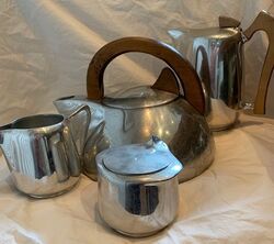Picquot ware set including milk jug, sugar bowl with lid, kettle and coffee pot.