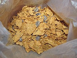 Raisins and bran flakes, inside a cereal box. Multiple raisins are visible on top of the flakes