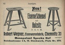 Here is one of the first images of the Rowac stool. In 1909, it was exhibited for the first time at the Leipziger Messe. The advertisement reads "New! Steel stool with wooden seat D.R.G.M. (utility patent)"