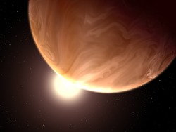 Artist's concept of Gliese 1214 b showing thick, orange clouds covering the planet's surface as its yellow star shines past its horizon (from the picture's perspective). Because there are such a wide variety of exoplanets, air and cloud colors, compositions, densities, and circulation patterns can vary greatly from exoplanet to exoplanet.