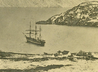 The Erik moored at the Hudson Bay Trading Post in Nachvak Fjord, Labrador, 1896.