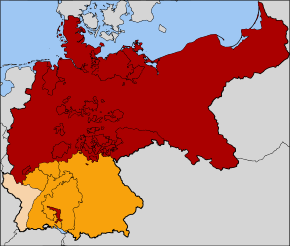 The North German Confederation (red). The southern German states that joined in 1870 to form the German Empire are in orange. Alsace-Lorraine, the territory annexed following the Franco-Prussian War of 1870, is in tan. The red territory in the south marks the original princedom of the House of Hohenzollern, rulers of the Kingdom of Prussia.