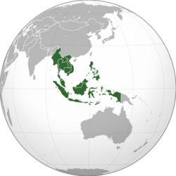 A map of East Asia highlighting the Southeast Asian region in green (including the nations of Myanmar, Thailand, Malaysia, Singapore, Indonesia, Brunei, East Timor, Cambodia, Laos, Vietnam, and the Philippines)