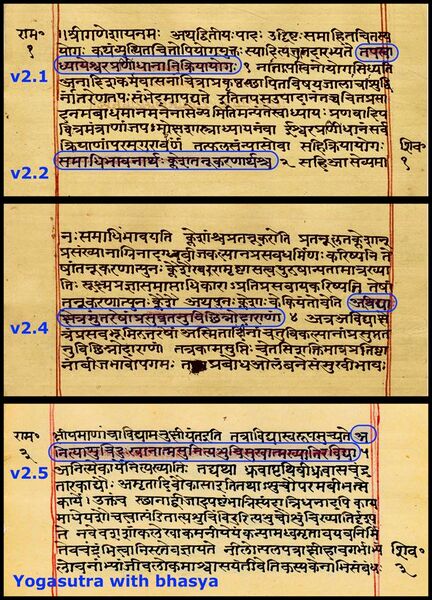 File:Yogasutra with Patanjali's bhasya, Sanskrit, Devanagari script, random sample pages f1v f2r f3v.jpg