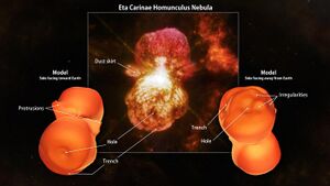 3D model of Homunculus Nebula, shown from front and rear, on either side of an actual image