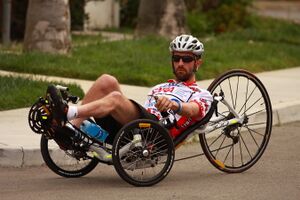 Photo of Kyle Bryant training on his recumbent bicycle