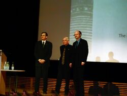Nobel Laureates in Chemistry 2005 on stage (restored).jpg