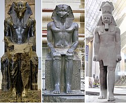 Old Kingdom, Middle Kingdom, New Kingdom. Three colossal statues side by side.jpg