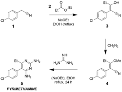 Pyrimethamine traditional synthesis.png
