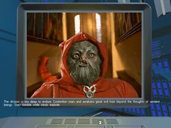 A screen capture from Star Control 3, where the Exquivan speaks to the player through the dialog screen.
