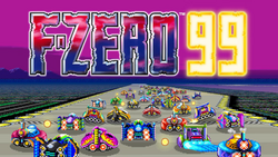 A wide track suspended above a city is filled with machines racing towards the horizon. A stylized rendering of the title "F-Zero 99" sits above the scene in all-caps.