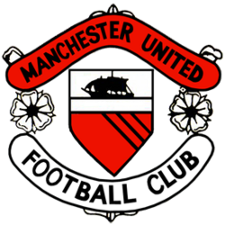 A football crest. In the centre is a shield with a ship in full sail above a red field with three diagonal black lines. On either side of the shield are two stylised roses, separating two scrolls. The upper scroll is red and reads "Manchester United" in black type, while the lower scroll is white with "Football Club" also written in black