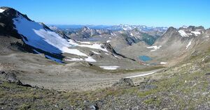 White Chuck Glacier in 2006; the glacier has retreated 1.9 kilometres (1.2 mi).