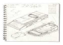 Sketch of two concept designs for the ZX81, showing the computer with a series of similarly shaped boxes stacked behind it in a row.