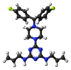 Ball-and-stick model of the almitrine molecule
