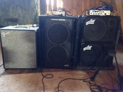Bass amps with cabinets - Fender cab, Genz-Benz head & cab, Aguilar head & cab (by Don Wright).jpg