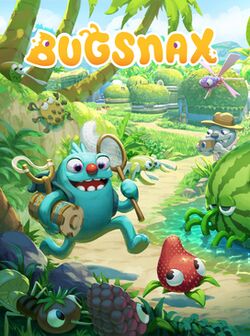 On a lush green island, a furry blue creature holding a net and several other tools is chasing after a smaller creature that resembles a strawberry with eyes. Multiple other creatures, all resembling combinations of various insects and foods, are observing them as they pass. The game's title is positioned at the top of the image.