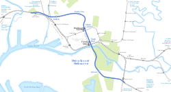 Map of the Metro Tunnel project in Melbourne, new 9km twin rail tunnels running through the CBD with five underground stations. New tunnel is depicted in blue with existing metropolitan rail lines in grey. The new line will connect the Sunbury line in the west with the Pakenham and Cranbourne lines in the east, with a future branch (not depicted) to the airport.