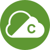 White cloud symbol with a letter C, on a light green circle