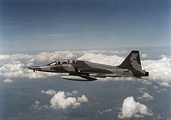 De met grijs-grijze camouflagepatronen beschilderde NF-5B Trainer met registratienummer K-4014 van 313 Squadron (2157 015703).jpg