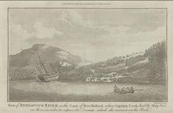 An old engraving shows the Endeavour beached on the shore of a bay, surrounded by wooded hills. An area of land has been cleared and tents set up. A small boat carrying eight men rows on the bay.