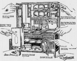Old drawing of a stand-alone kitchen cabinet with hands pointing to features