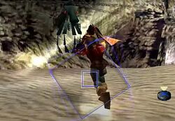 Dart, the protagonist of The Legend of Dragoon, attacks an enemy in his non-Dragoon form. Two blue squares are visible are shown as part of the quick-time event.