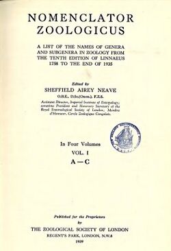 Title page to Neave, Nomenclator Zoologicus, volume 1, 1939.jpg