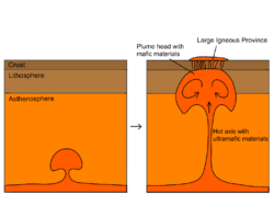 A mantle plume model showing the formation of large igneous province with ultramafic and basaltic materials.png